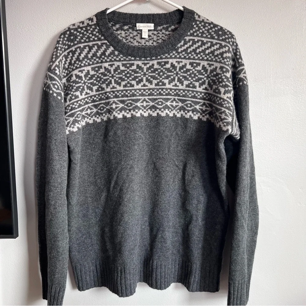 Garnet Hill Men's Washable Cashmere Jacquard Sweater‎ M Gray Fair Isle
